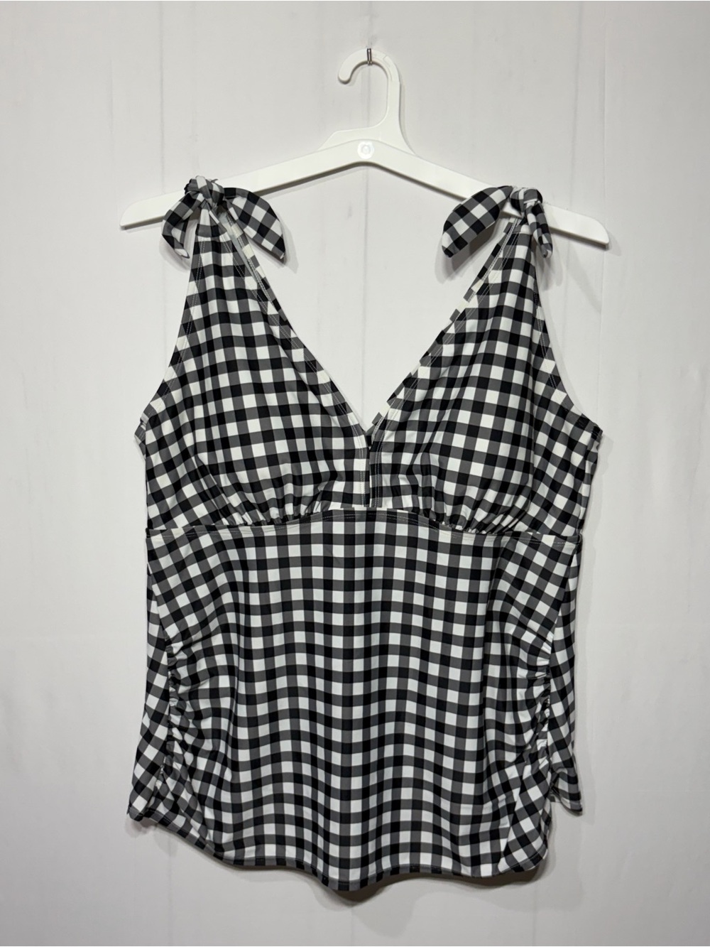 Kona Sol Plus Size Black and White Gingham Tie-Shoulder Tankini